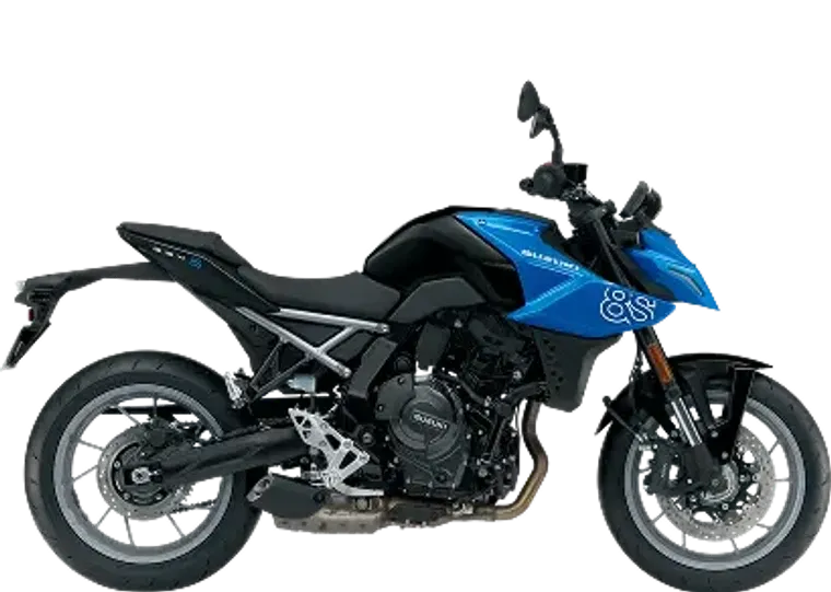 Motocicleta Suzuki GSX-8S azul vista de perfil sobre fondo transparente