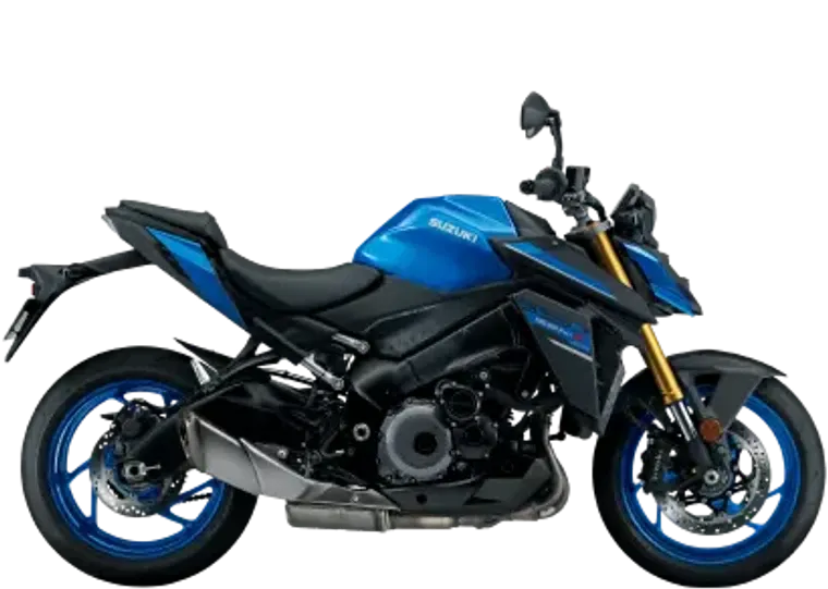 Motocicleta Suzuki deportiva azul vista de perfil sobre fondo transparente