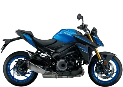 Motocicleta Suzuki deportiva azul vista de perfil sobre fondo transparente